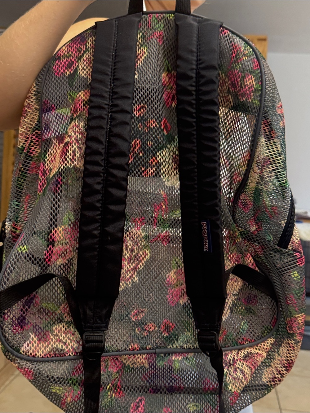 JanSport Gray Mesh Floral Backpack with Pink & Green Accents - Picture 3 of 9
